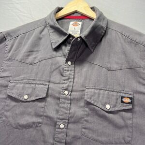 Dickies Mechanic Shirt Mens Large Pearl Snap Button Up Western Cowboy Gray Work